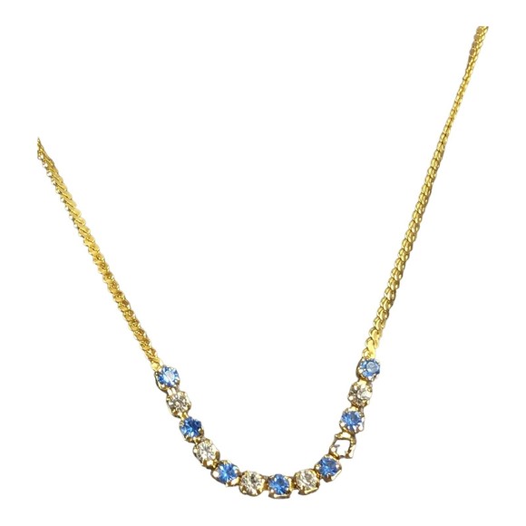 Vintage Blue & Clear Rhinestone Necklace Collar Gold Tone Chain Shiny 18.5 in - Picture 2 of 6